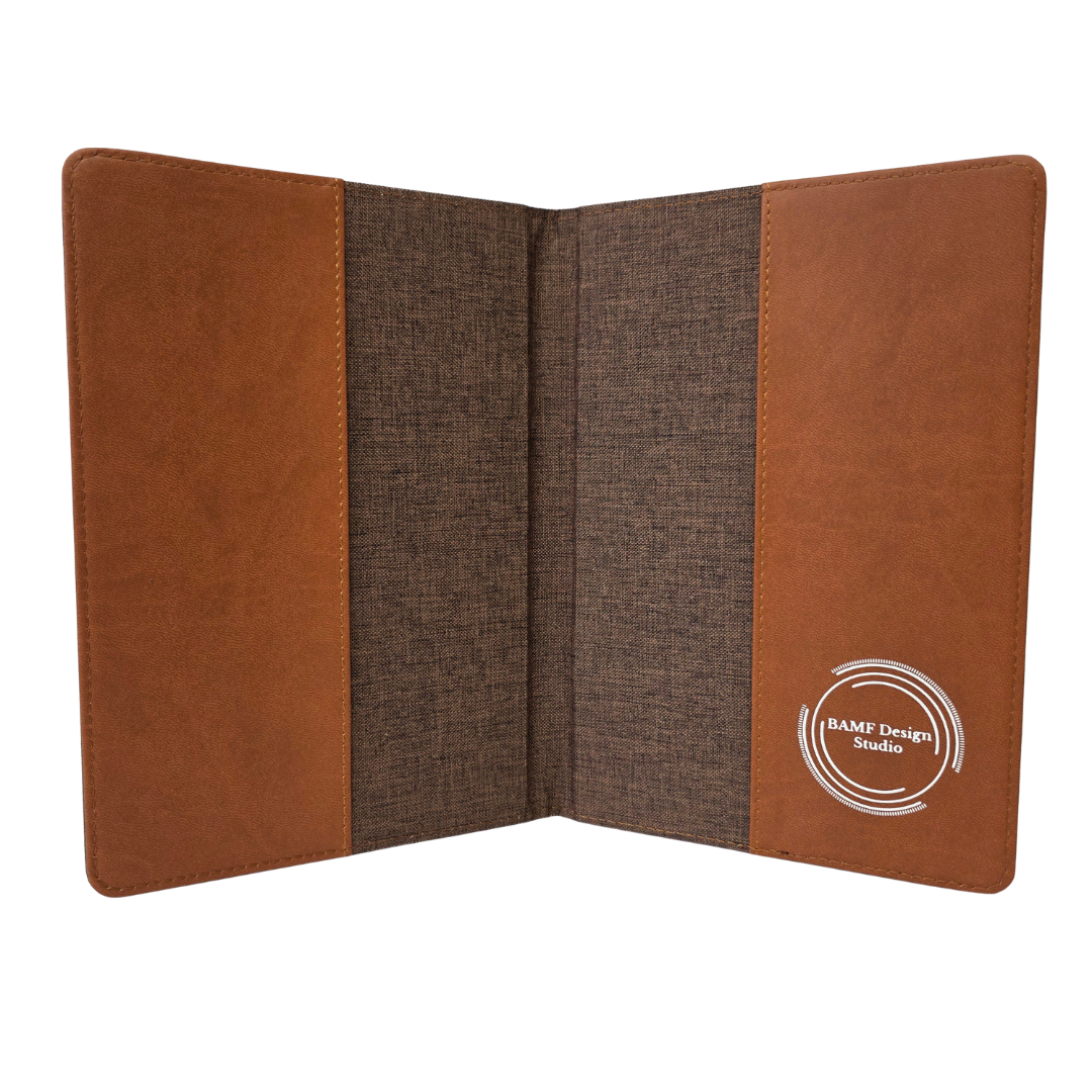 Inside of a Two-tone brown journal cover with a brand logo on a white background