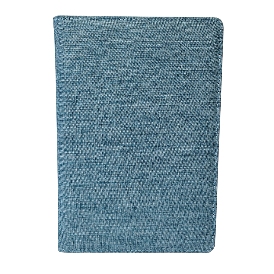 Blue fabric notebook on a white background