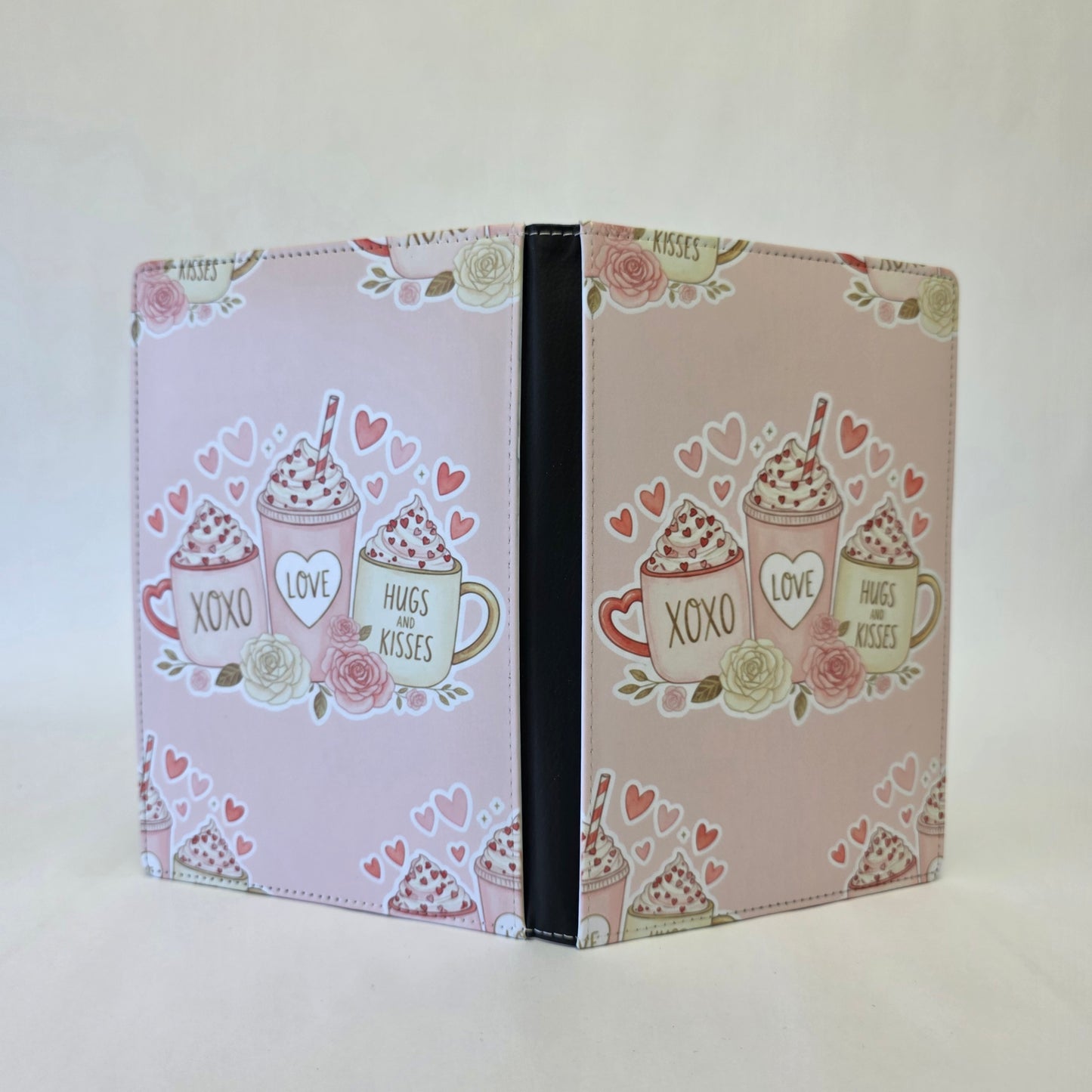 Pink Journal cover with coffee cups and heart designs. Text on the coffee mug reads "XOXO", "LOVE", and "HUGS AND KISSES".