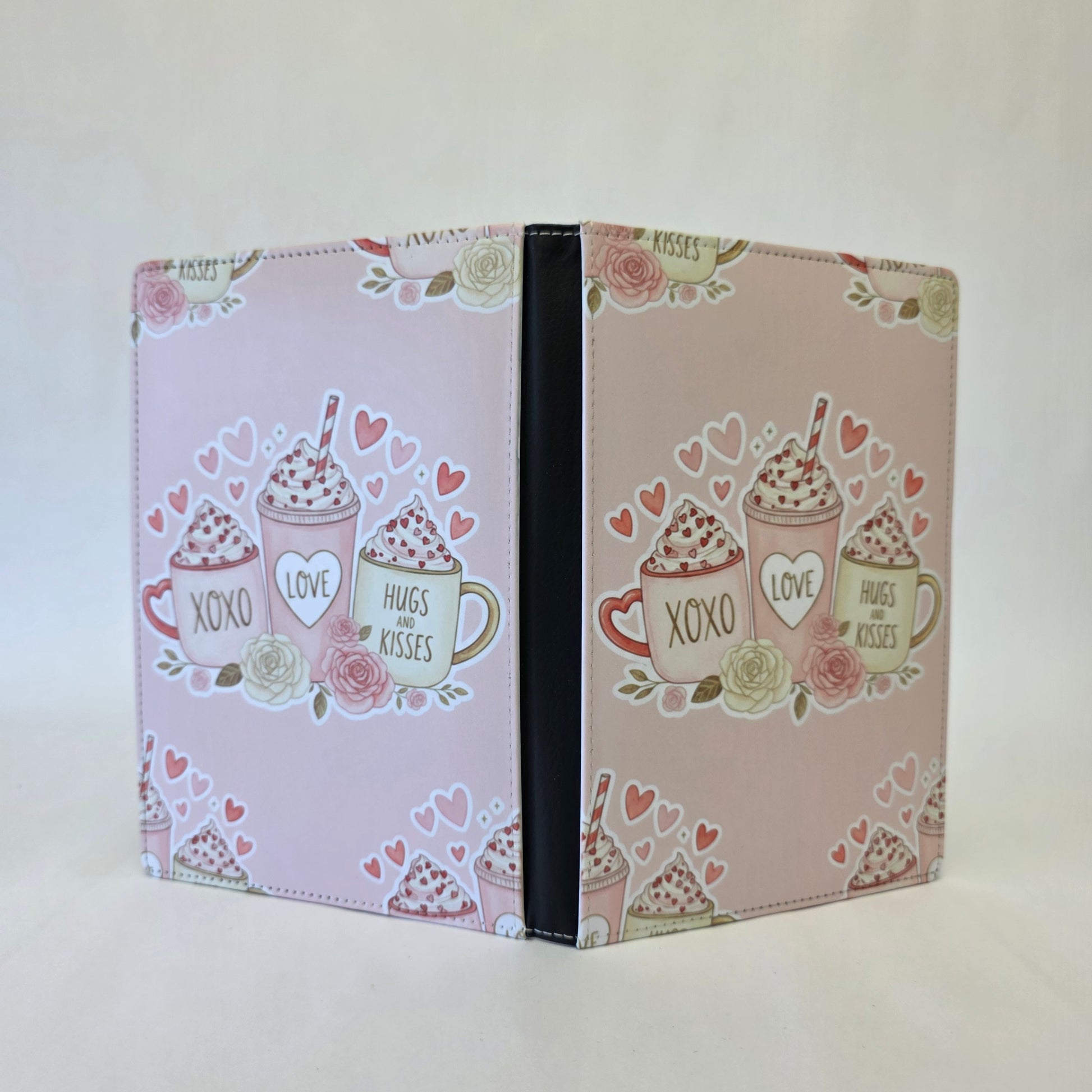 Pink Journal cover with coffee cups and heart designs. Text on the coffee mug reads "XOXO", "LOVE", and "HUGS AND KISSES".