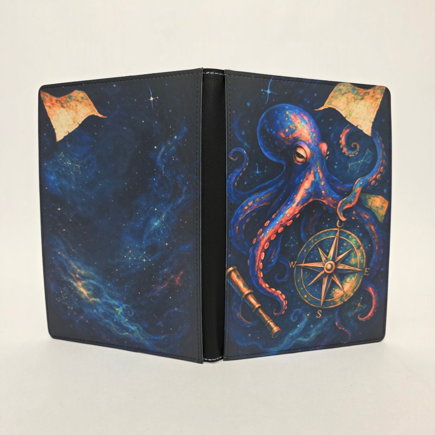 Decorative journal cover with an octopus and compass design 