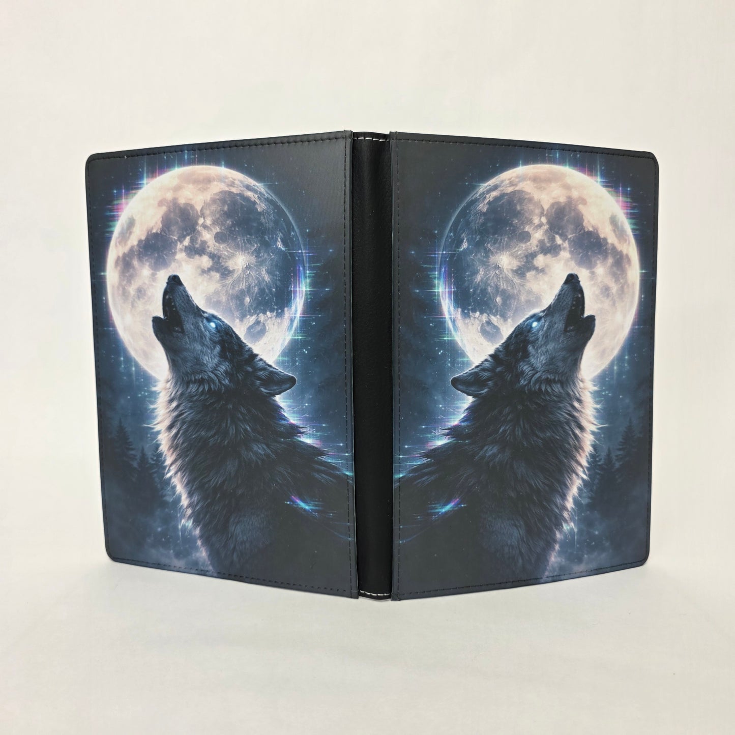 Faux leather journal cover with wolf and moon design on a white background