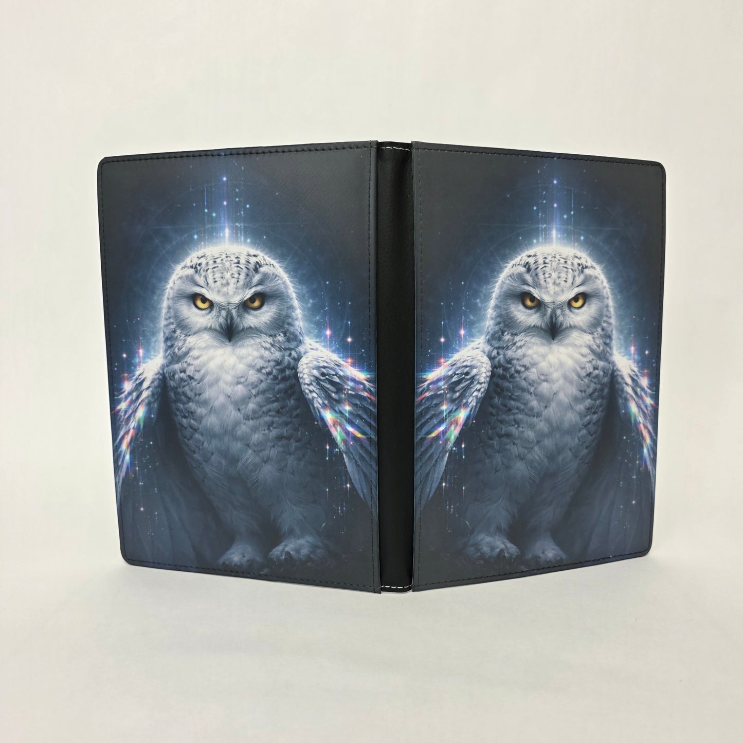 Faux leather journal with Owl image on the front and back covers with a white background.