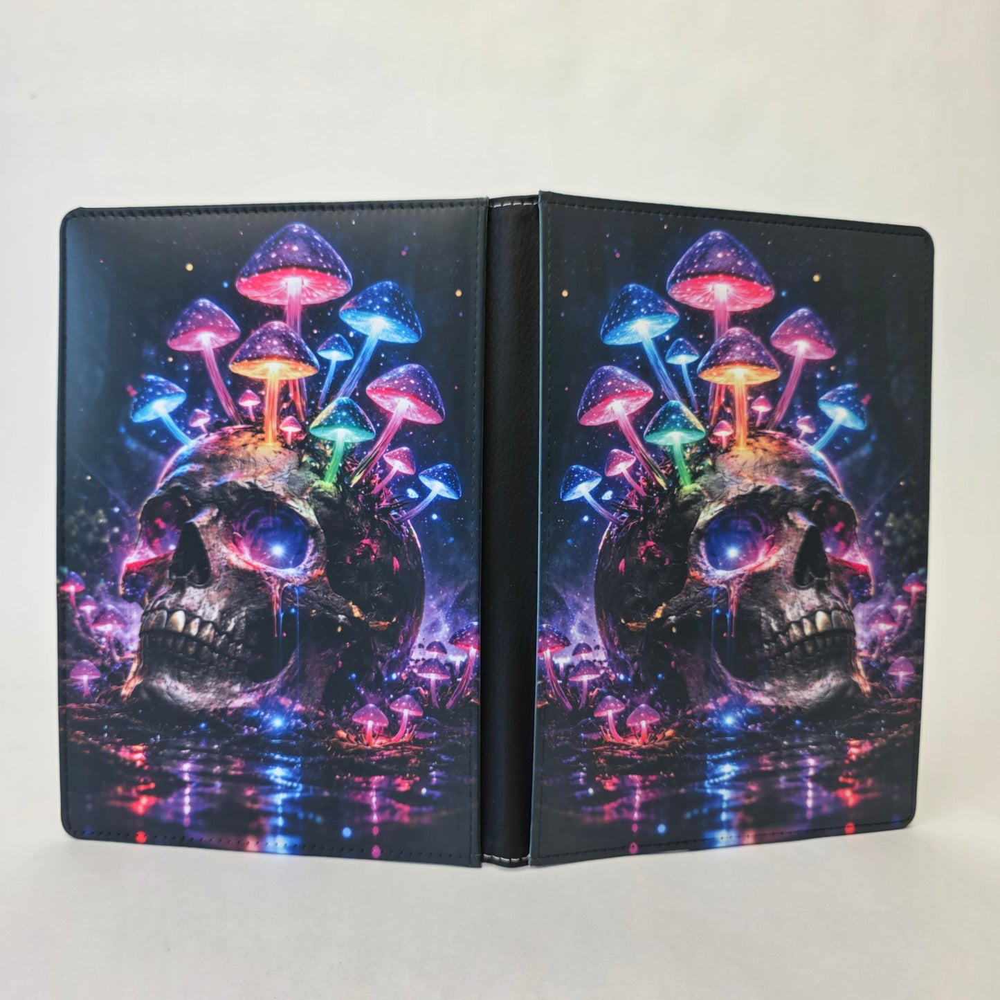 Skull and colorful mushrooms design on a journal cover on a white background