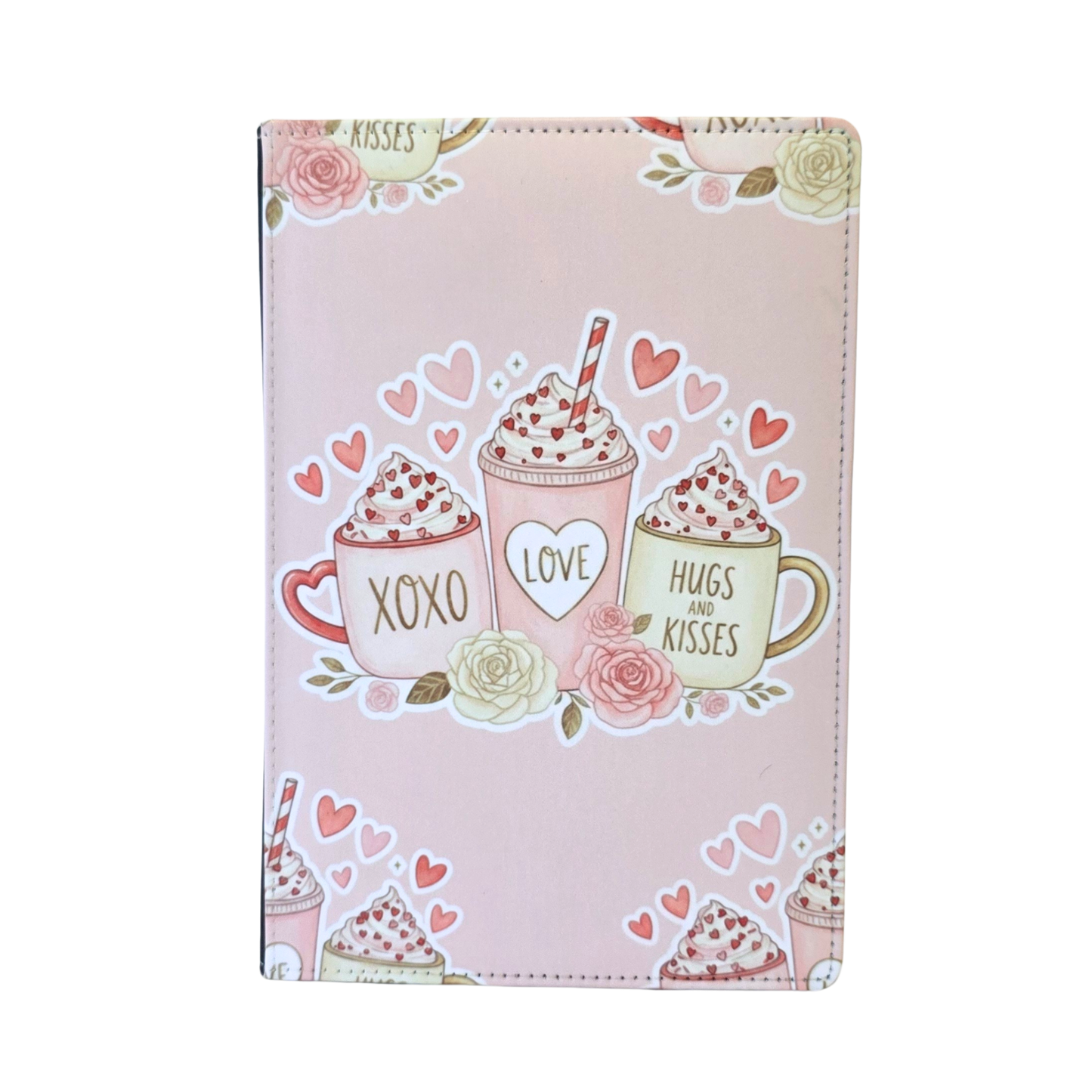 Pink Journal cover with coffee cups and heart designs. Text on the coffee mug reads "XOXO", "LOVE", and "HUGS AND KISSES".