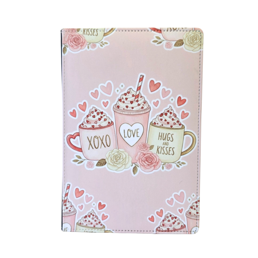 Pink Journal cover with coffee cups and heart designs. Text on the coffee mug reads "XOXO", "LOVE", and "HUGS AND KISSES".