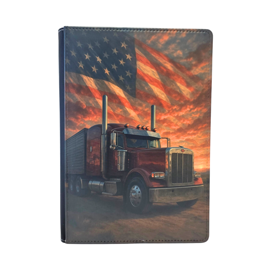 Notebook cover with semi-truck design  American flag and sunset background.