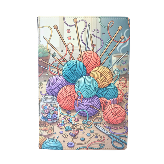 Notebook cover with colorful yarn balls and knitting tools.
