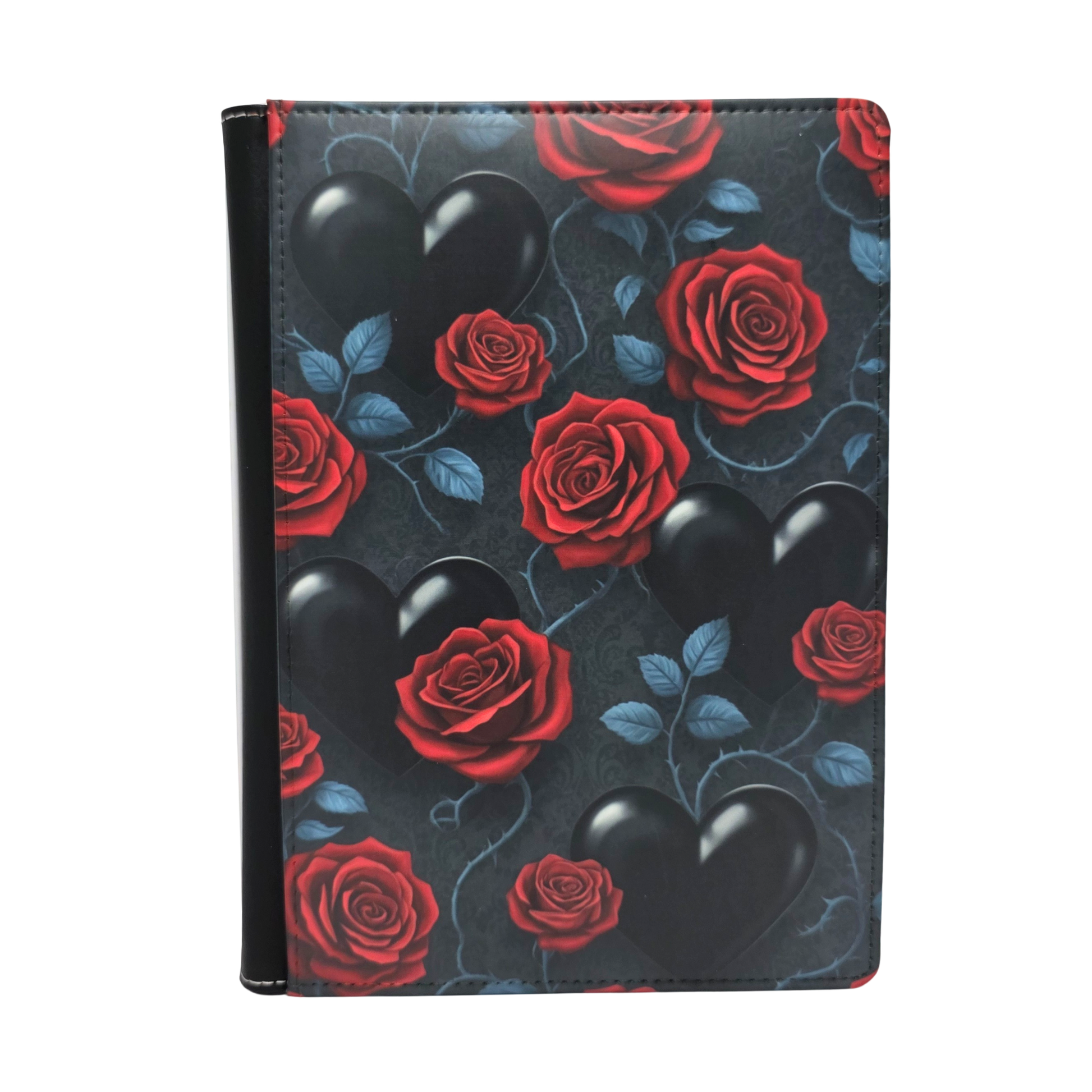 Journal cover with red roses and black hearts on a dark background. Vines and leaves curving around the hearts and roses.