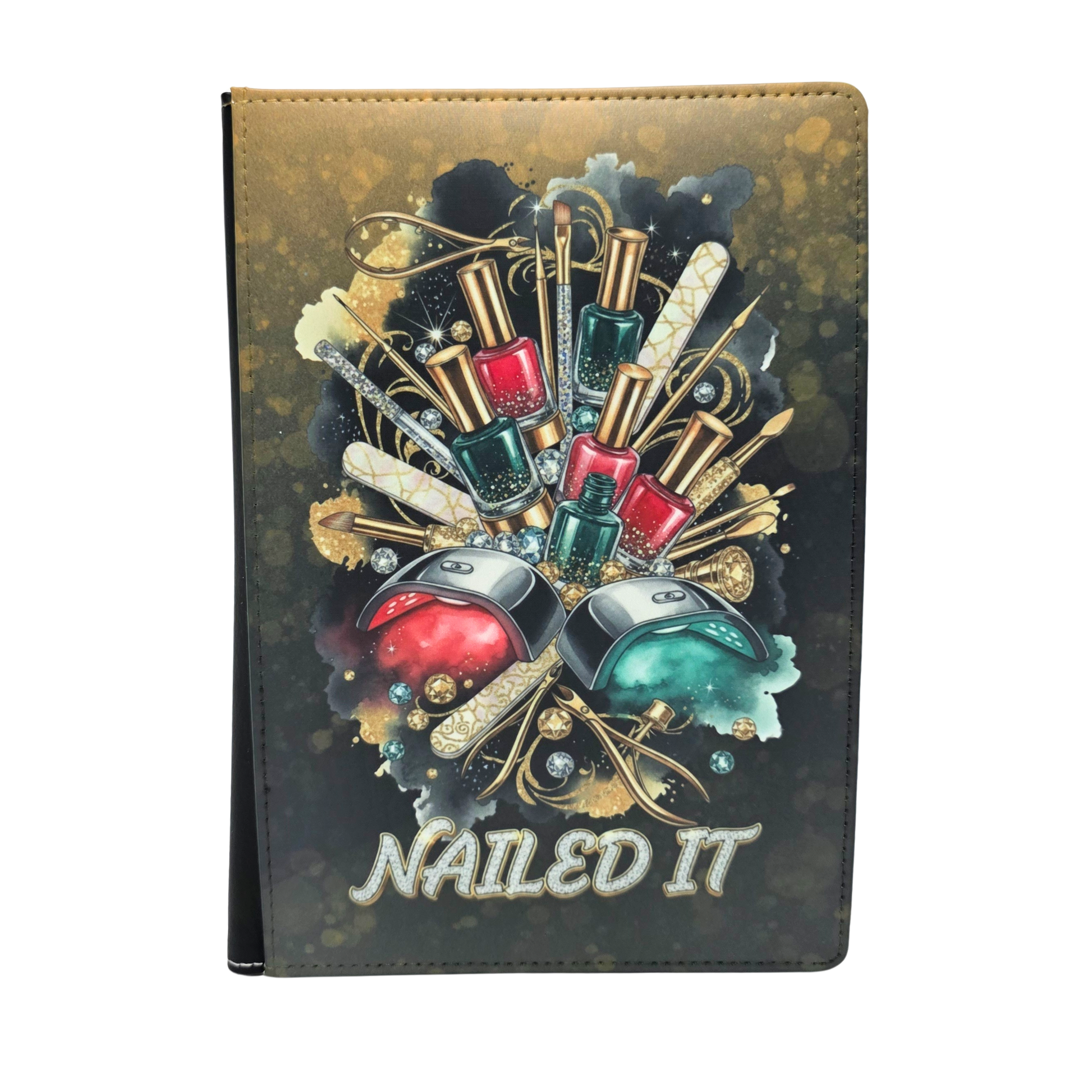 Journal cover with nail polish design and 'NAILED IT' text towards on the bottom of the journal. Black and gold color theme.