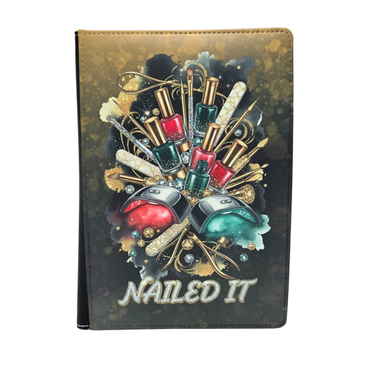 Journal cover with nail polish design and 'NAILED IT' text towards on the bottom of the journal. Black and gold color theme.