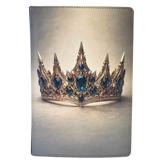 A journal cover with a gold crown and emerald stones on a tan background.