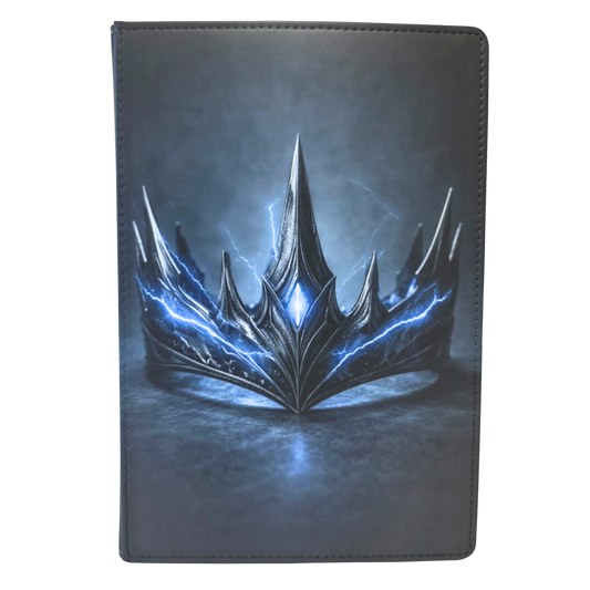 Journal cover featuring a metal crown with blue lightening intertwined. 