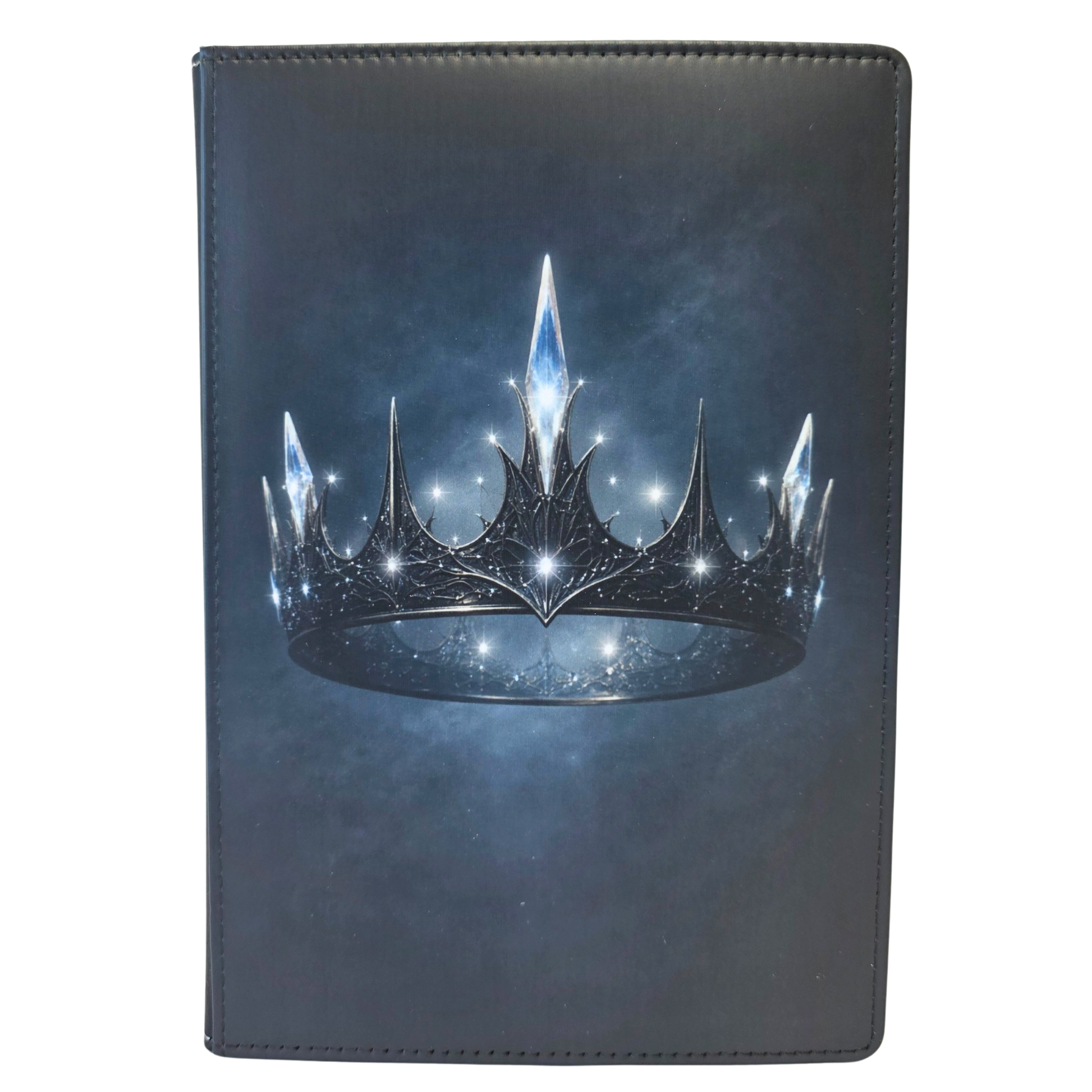 Journal cover with a floating metal crown donned with crystals.