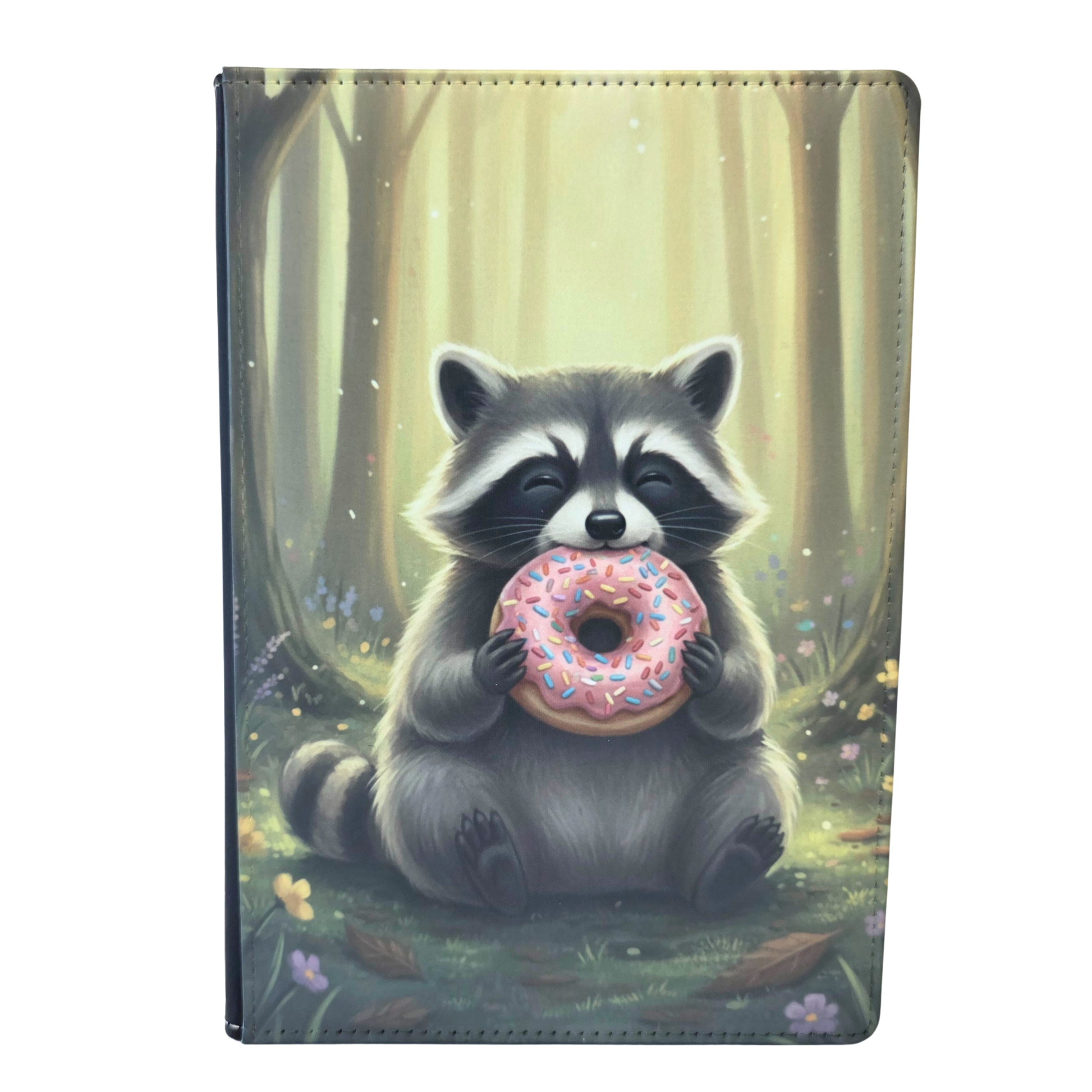 Notebook cover with illustrated raccoon holding a donut with a forest background.