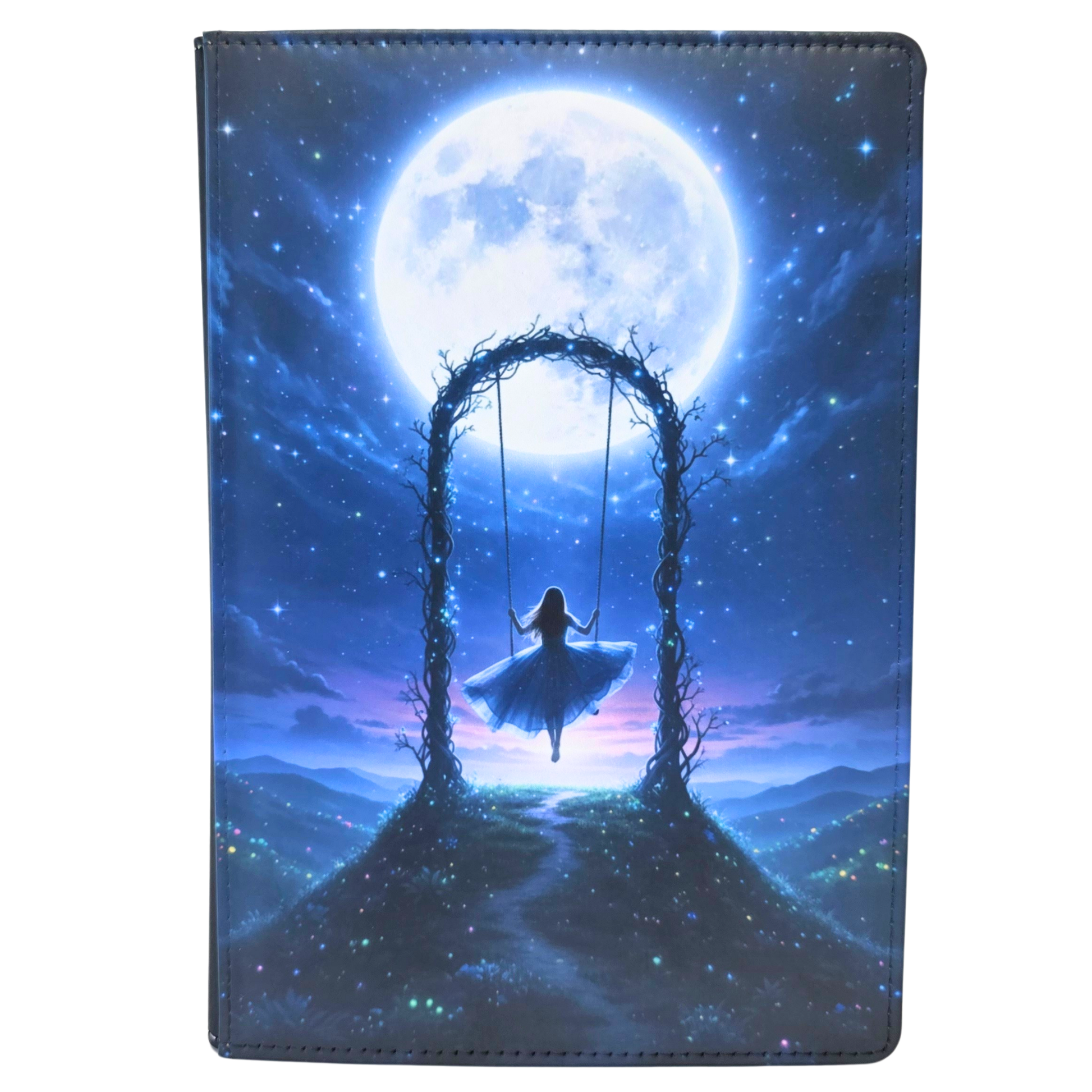 Notebook cover with a fantasy design of a woman on a swing under a large moon.
