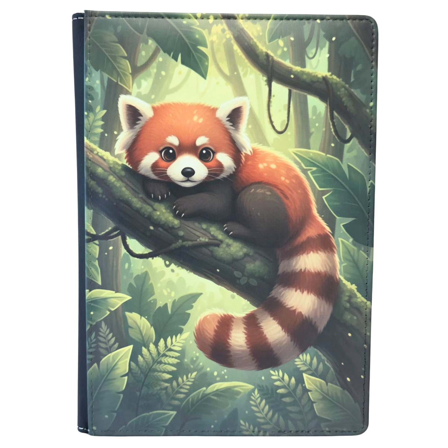 Notebook cover with a red panda  with a forest background