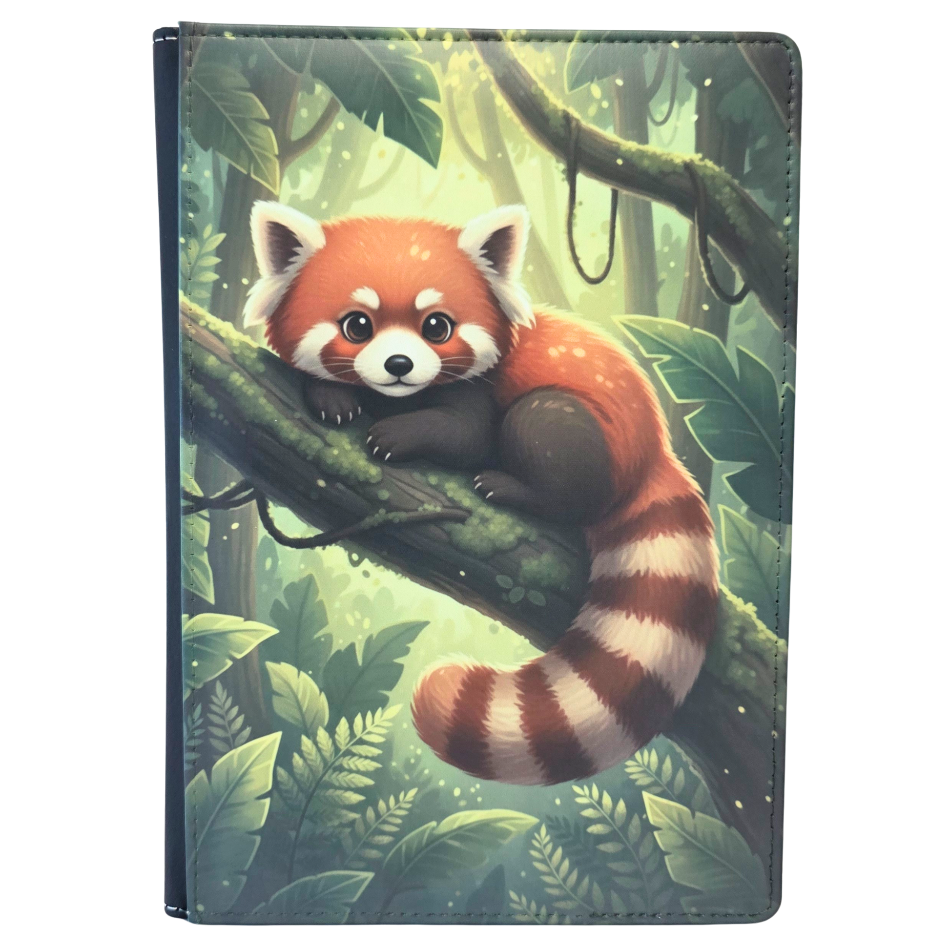 Notebook cover with a red panda  with a forest background