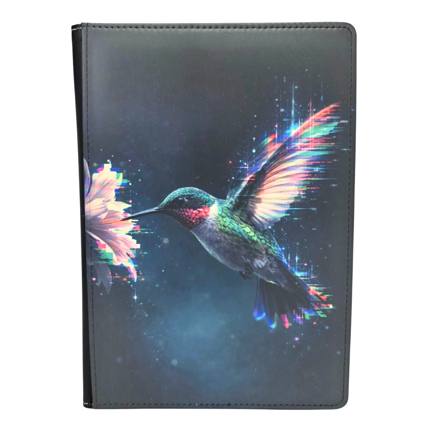 Faux leather journal cover with glowing hummingbird design on a white background