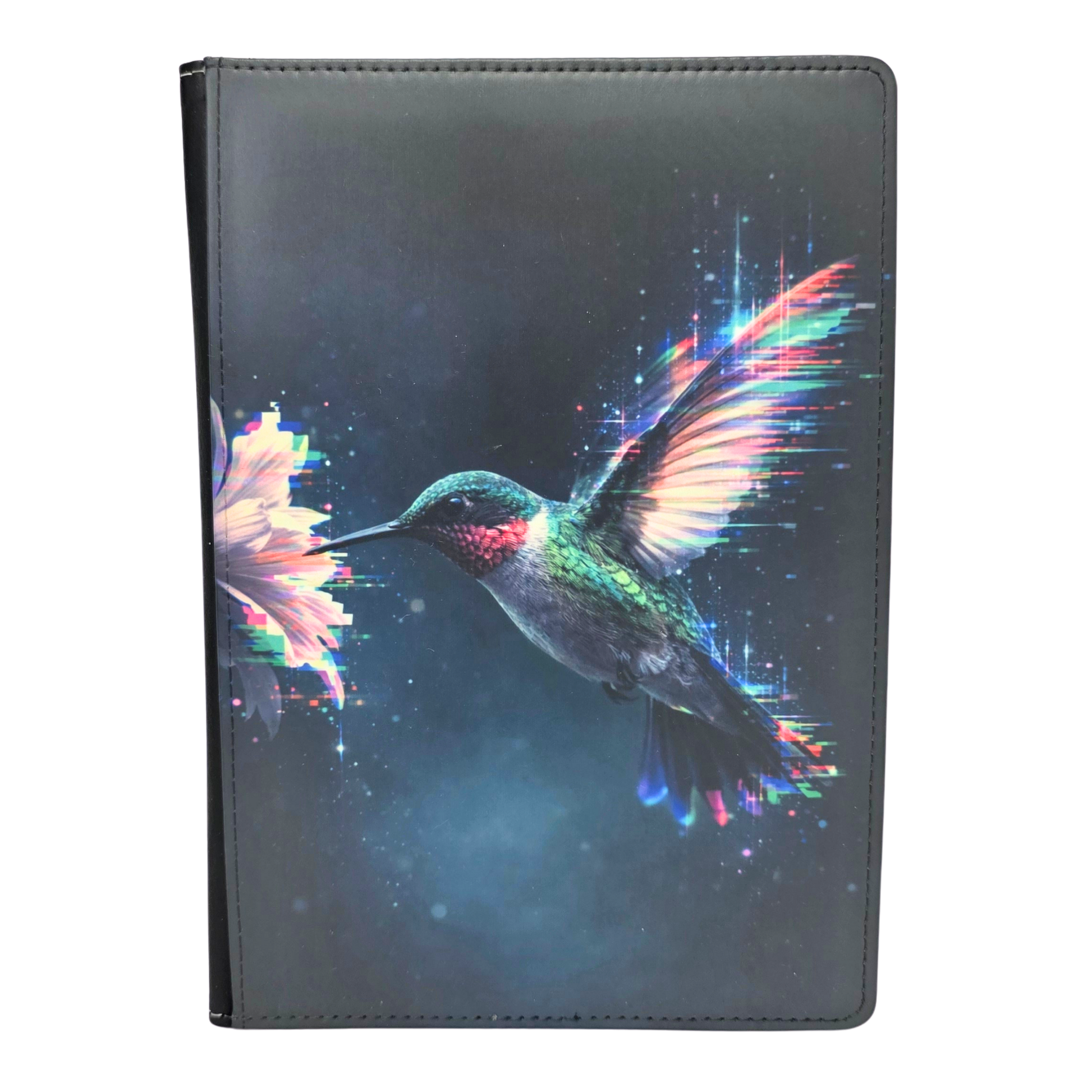 Faux leather journal cover with glowing hummingbird design on a white background