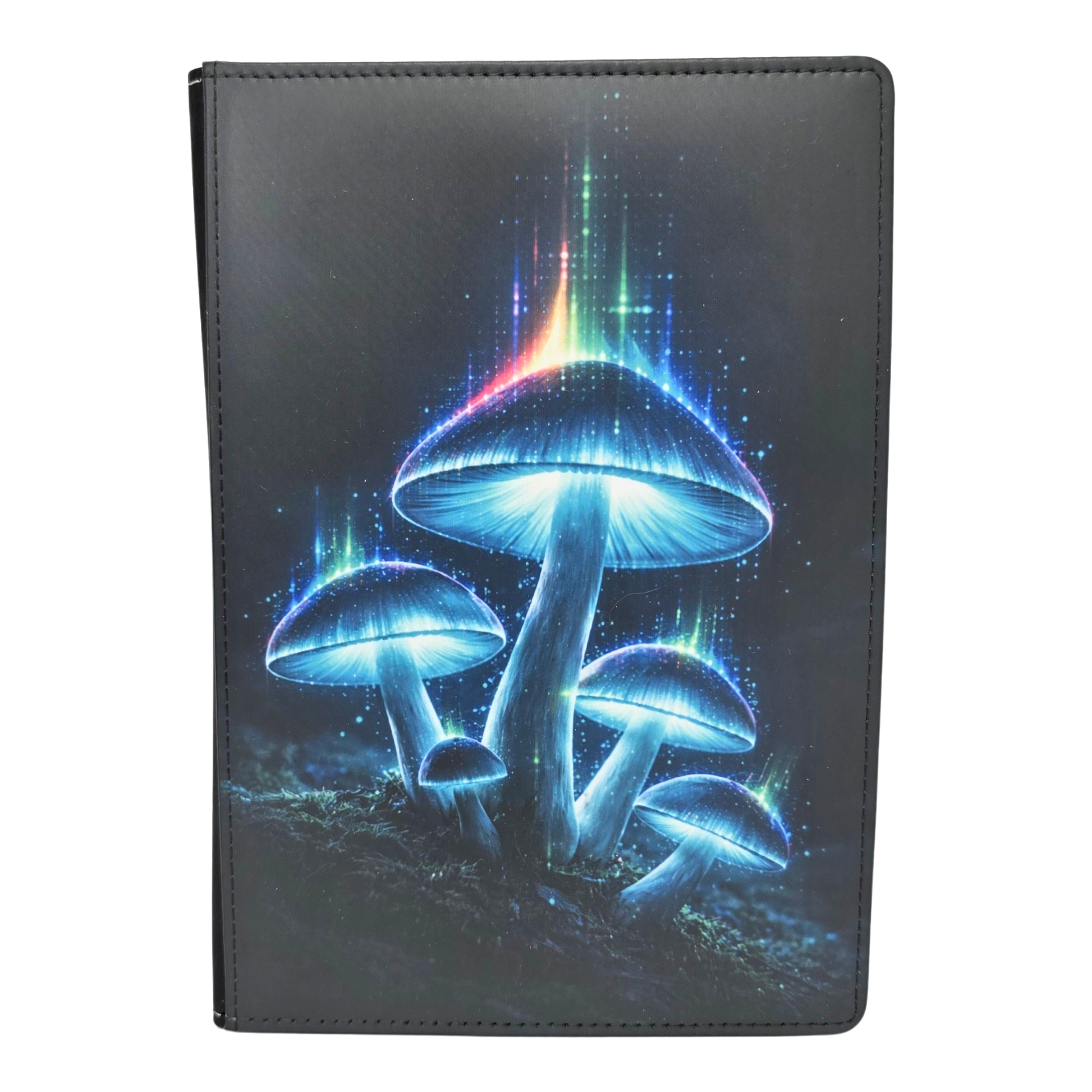 Faux leather journal cover with glowing blue mushrooms design on a white background
