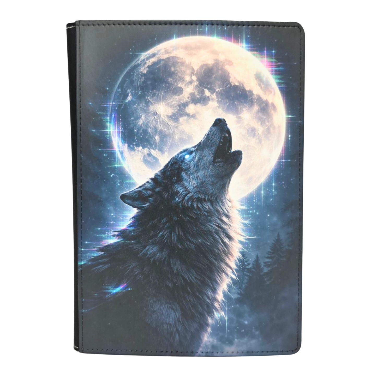 Faux leather journal cover with wolf and moon design on a white background