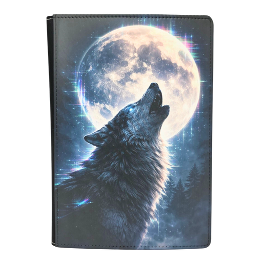 Faux leather journal cover with wolf and moon design on a white background