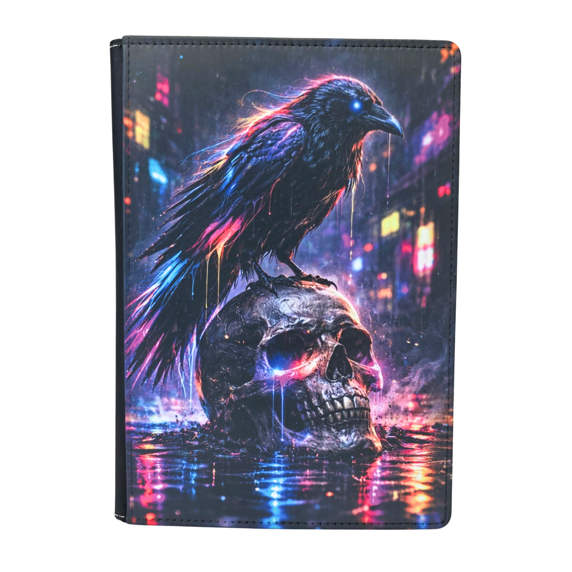 Colorful journal design with a raven on a skull against a colorful cityscape background