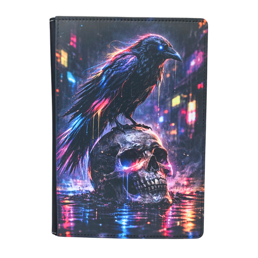 Colorful journal design with a raven on a skull against a colorful cityscape background