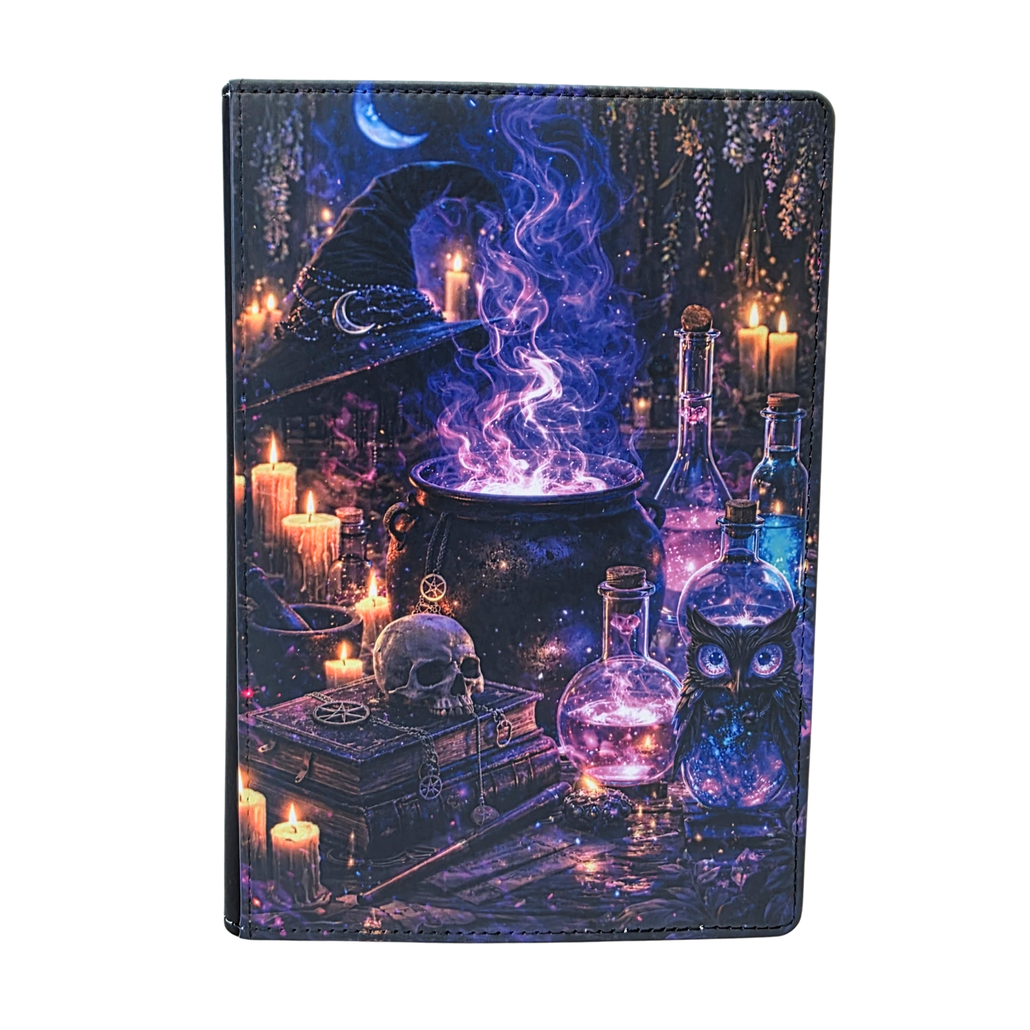 Magical potion and witch hat design on a journal on a white background.
