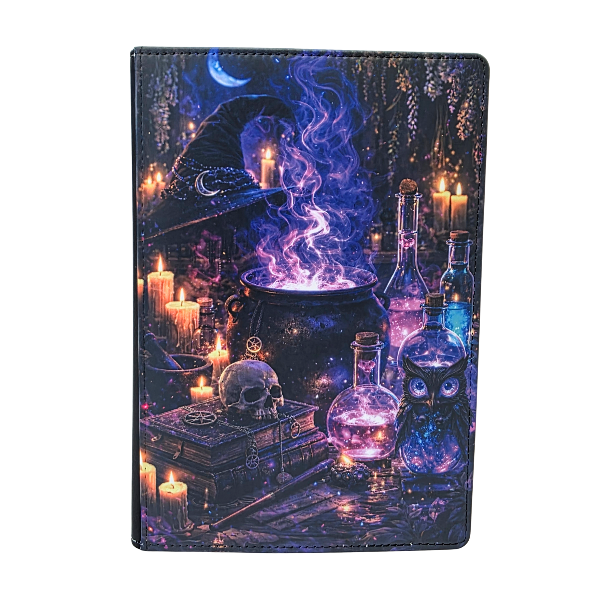 Magical potion and witch hat design on a journal on a white background.