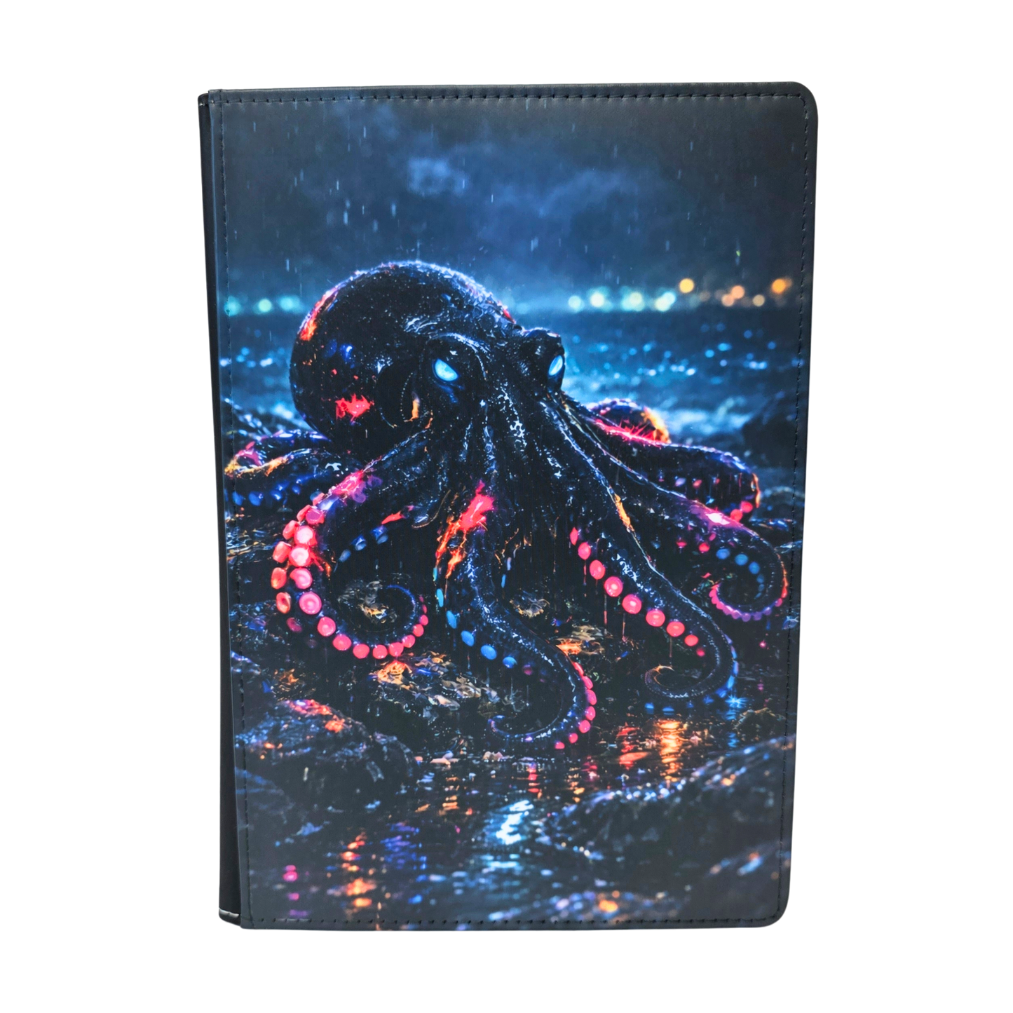 A journal cover with a neon octopus sitting on a rock.