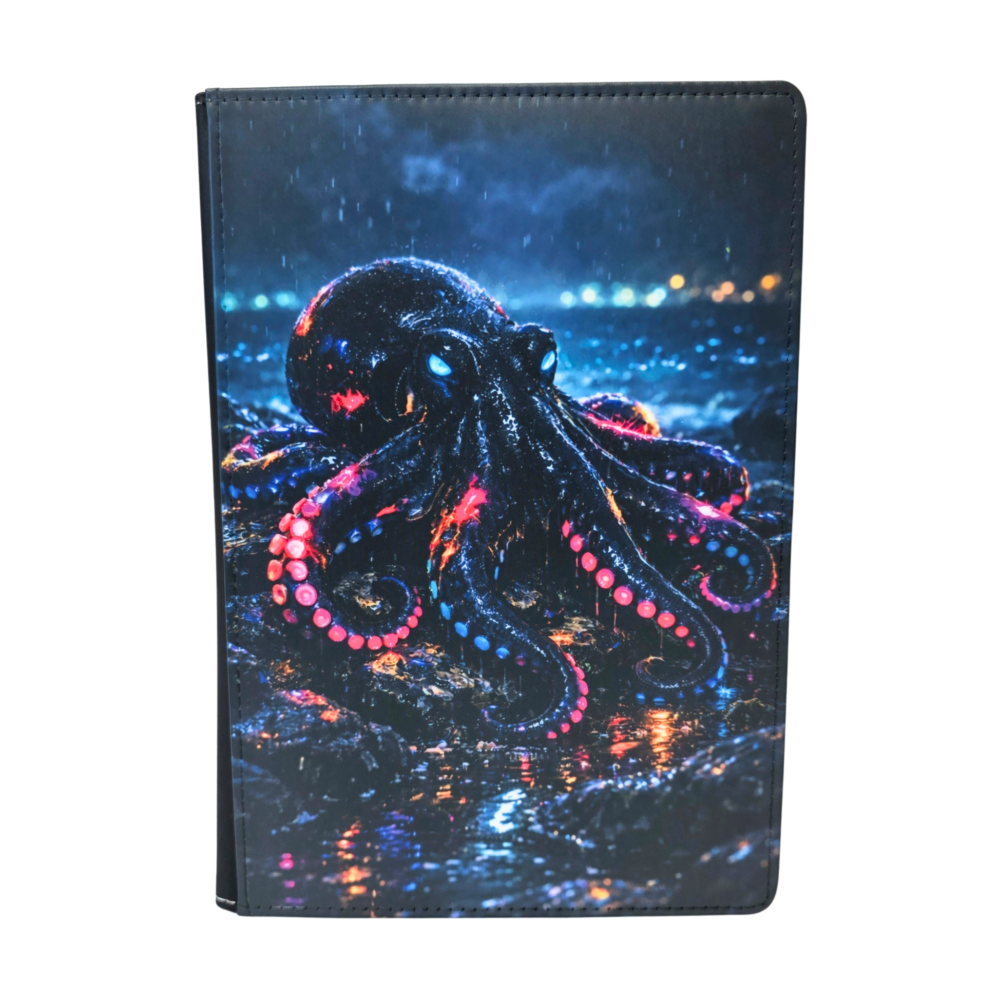 A journal cover with a neon octopus sitting on a rock.