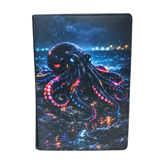 A journal cover with a neon octopus sitting on a rock.