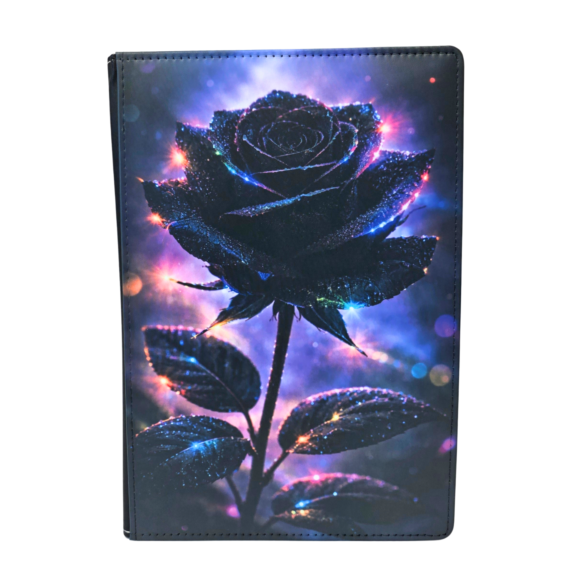 A journal cover with a black rose.