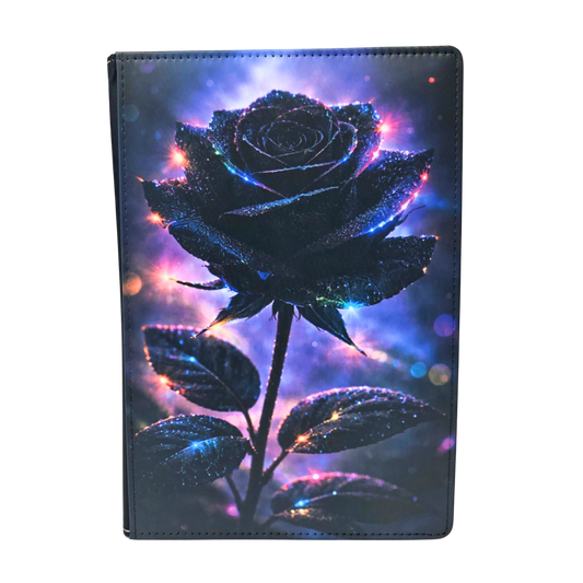A journal cover with a black rose.