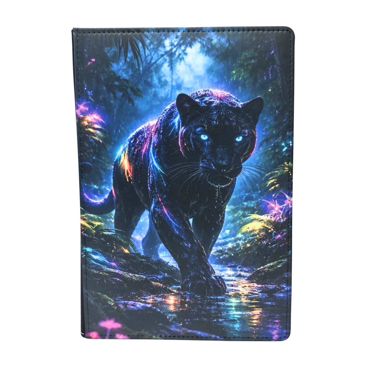 A journal cover with a neon image of a panther .