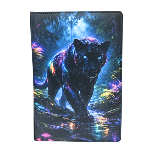A journal cover with a neon image of a panther .