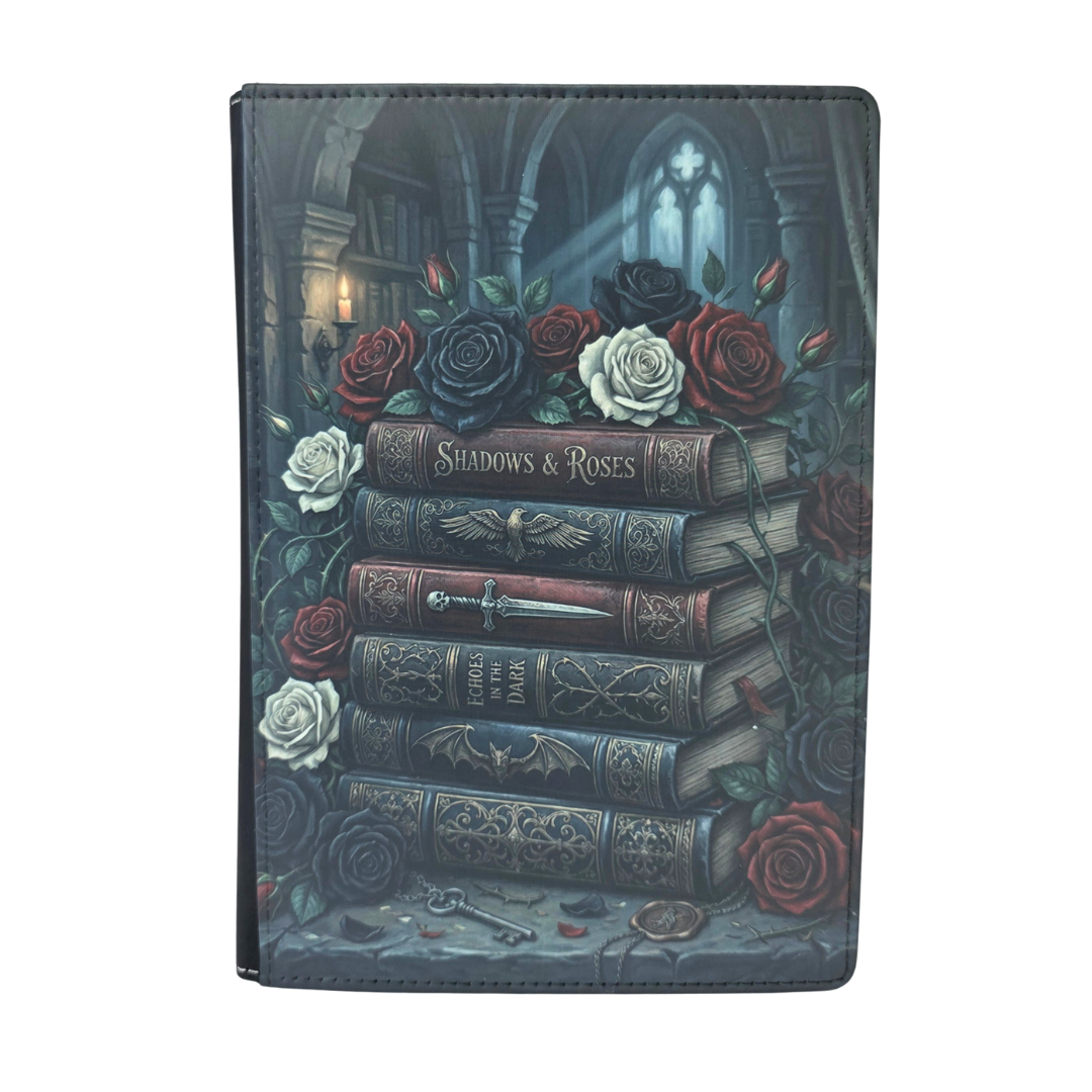 Notebook cover with books and roses design on a white background
