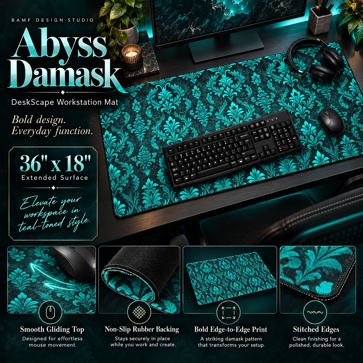 Abyss Damask | DeskScape Workstation Mat | Damask Collection