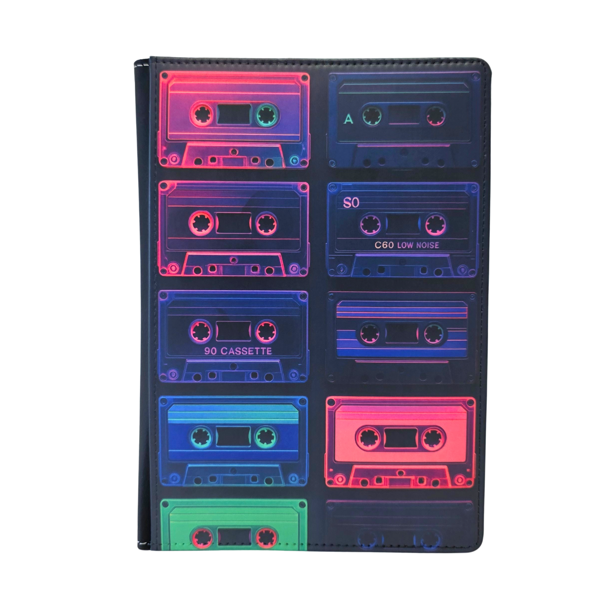 Journal cover with colorful cassette tape design with neon pinks, blues, and greens.