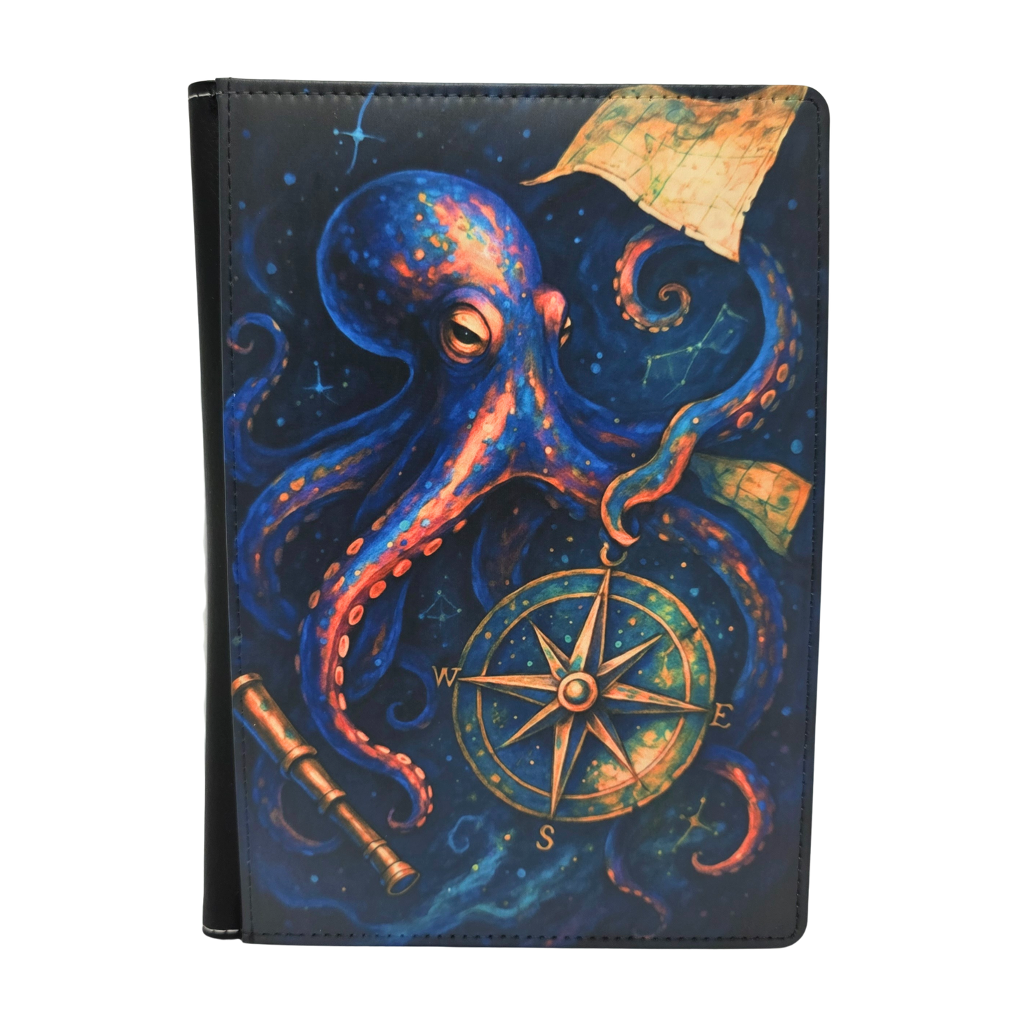 Notebook cover with a blue octopus, compass, and telescope design on a dark background