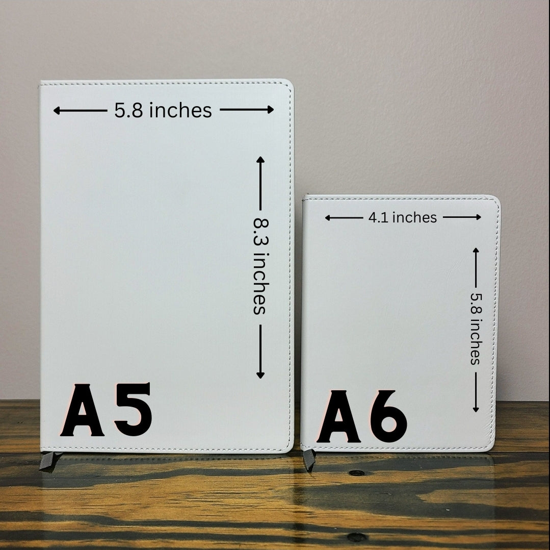 Visual comparison between the two sizes. A5 measures 5.8" x 8.3" and A6 measures 4.1" x 5.8".