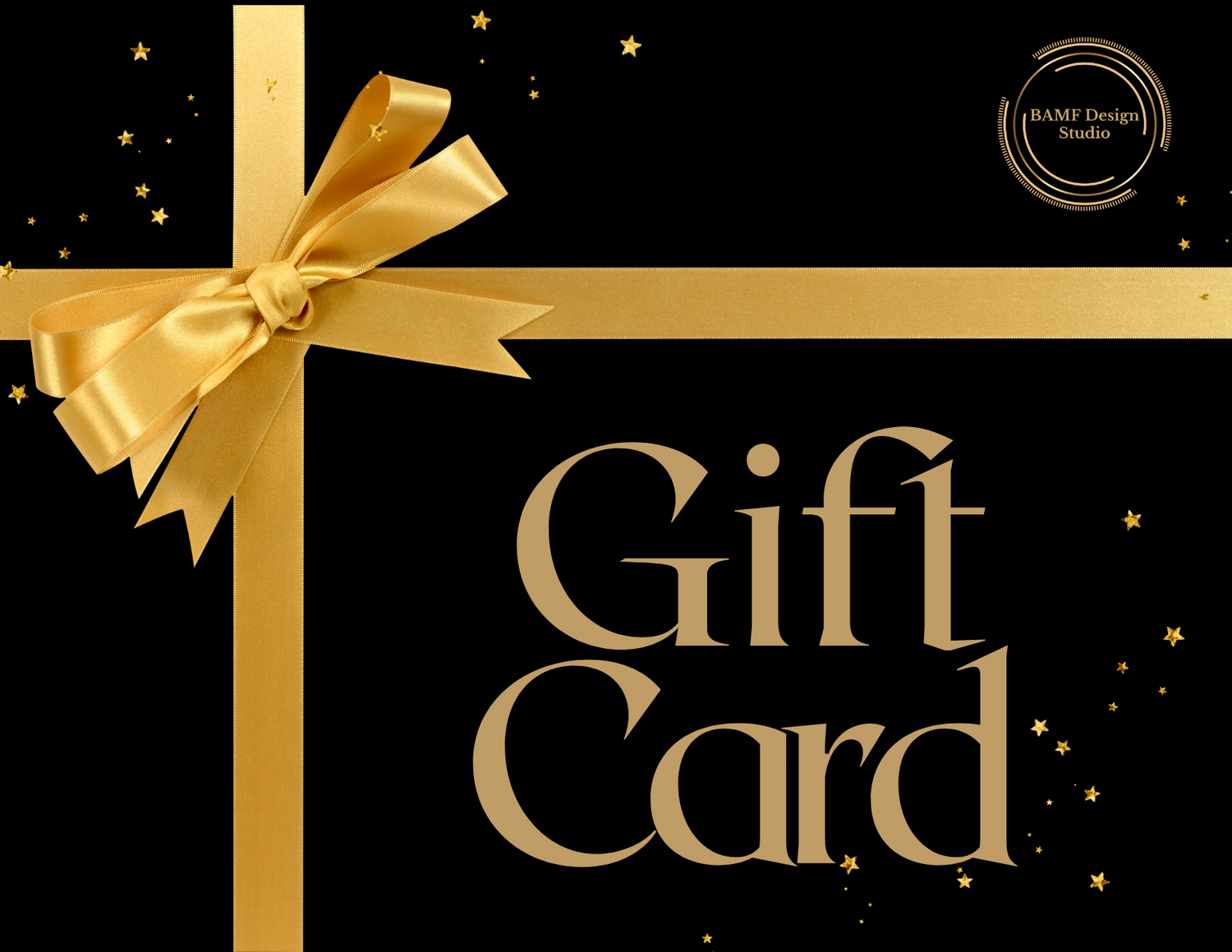 A gift card with a black background featuring gold stars and a golden bow, with the text 'GIFT CARD' in bold gold letters.