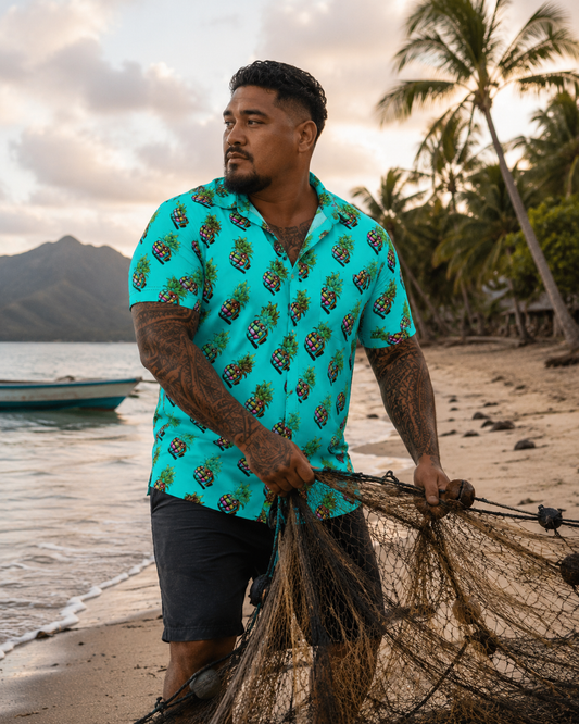 Blue Pineapple Grenade | Hawaiian Button Down | Pineapple Grenade Collection