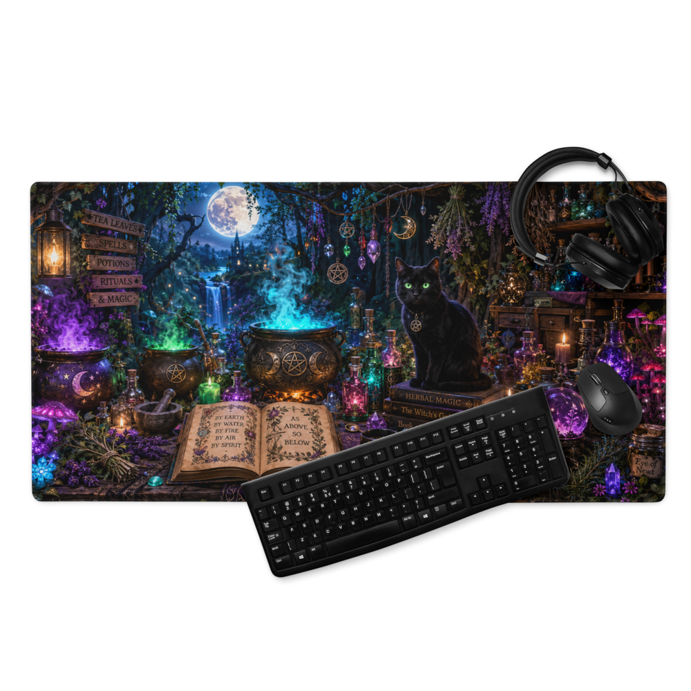 A large rectangular desk mat with a detailed dark fantasy illustration, shown with a black keyboard, mouse, and headphones on a plain white background. The mat features a witch's cauldron, an open book, a black cat, glowing crystals, and magical elements under a full moon.