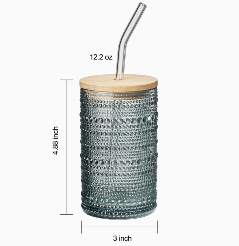 Glass textured tumbler with wooden lid and glass straw, showing measurements on a white background. Measurements read 4.88" x 3".